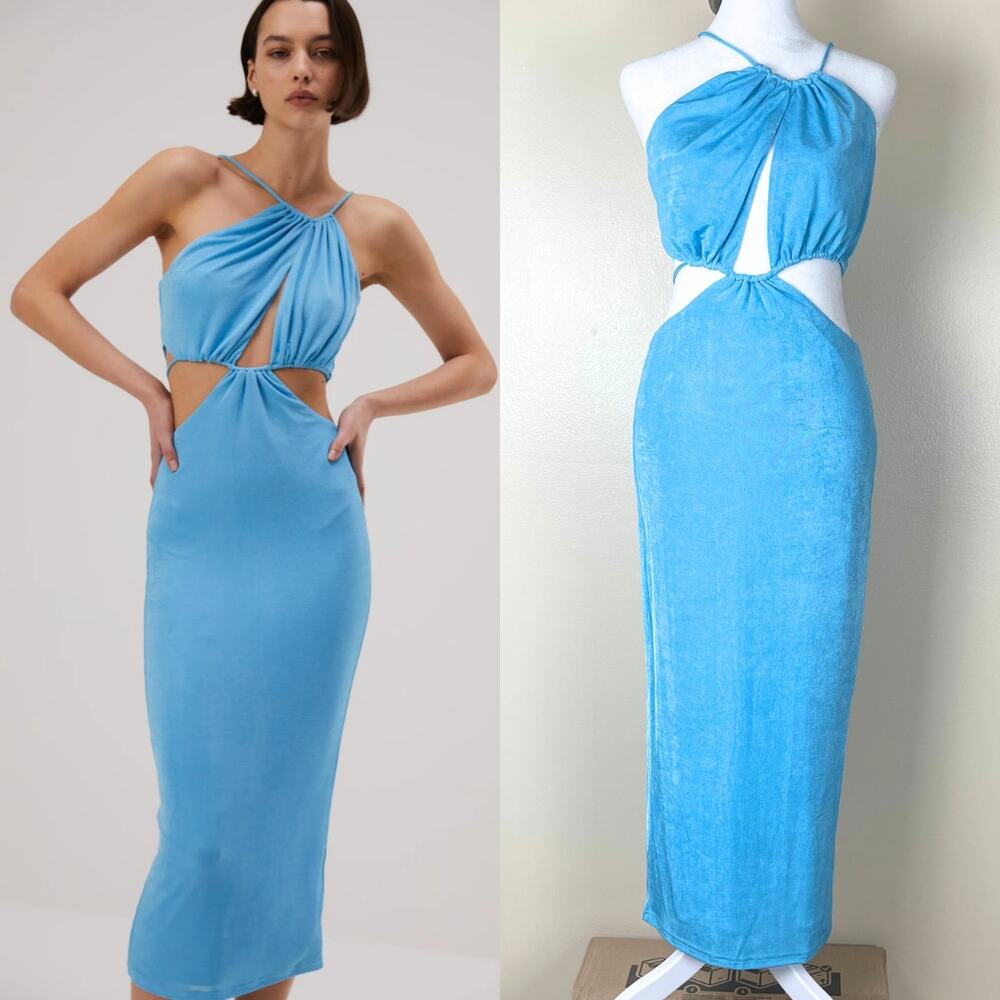 Misha Collection Zeke Dress Womens S Hydra Blue Halter Midi Length Cut Out